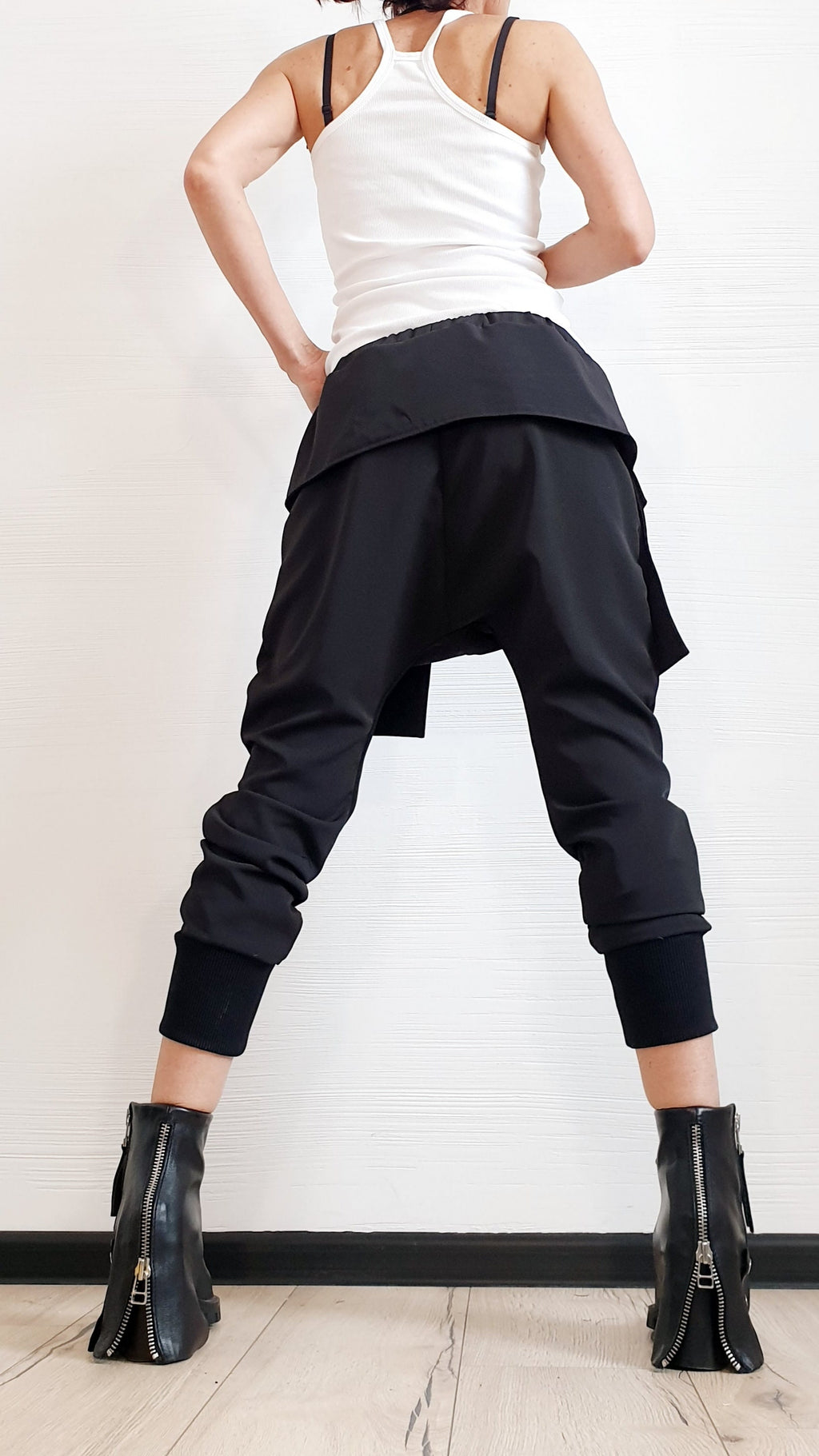 Black Harem Cargo Pants, Attached Skirt Panel, Tapered Leg