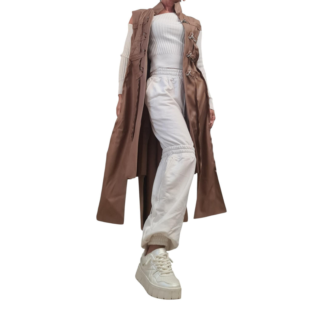 Brown Faux Leather Asymmetrical Maxi Vest, Fitted Sleeveless Coat, Multiple Metal Buckle Closures