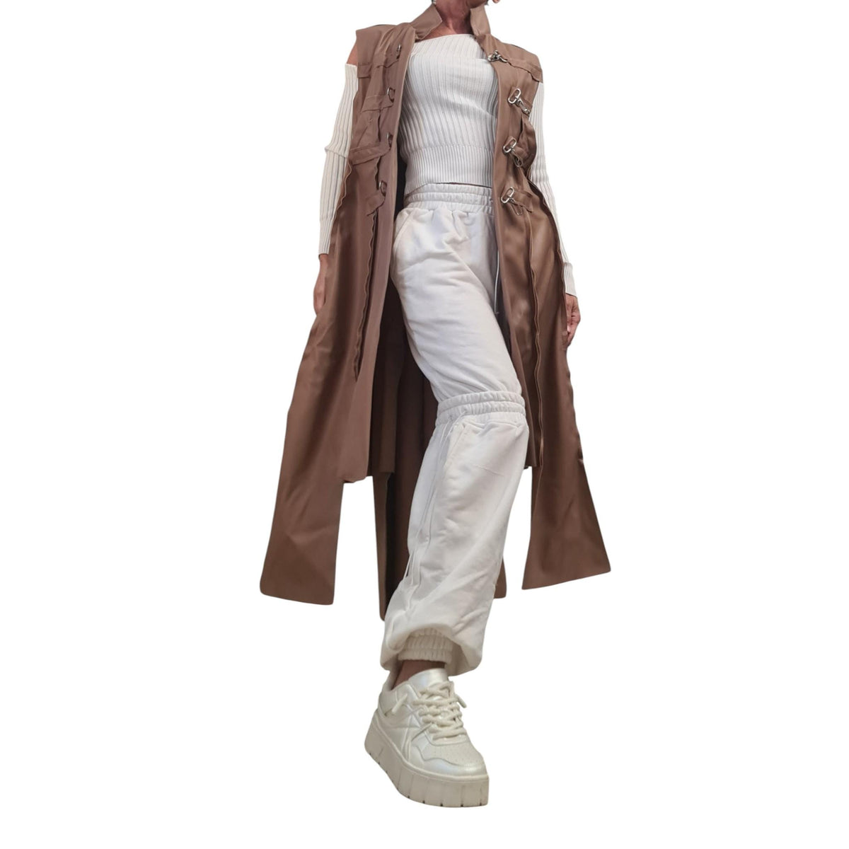 Brown Faux Leather Asymmetrical Maxi Vest, Fitted Sleeveless Coat, Multiple Metal Buckle Closures