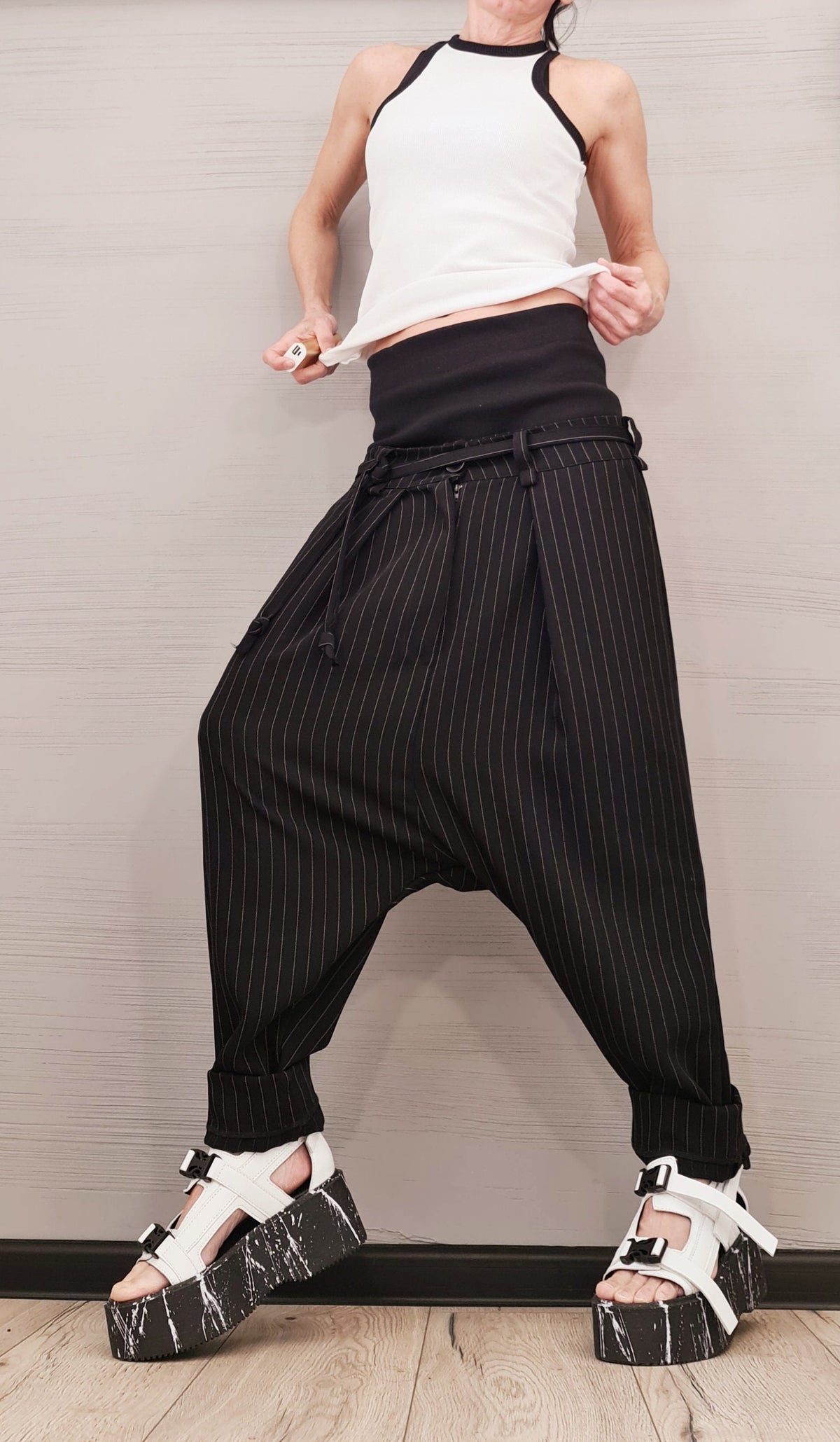 Black Pinstripe Harem Pants, Double Waistband, Tapered Leg Trousers