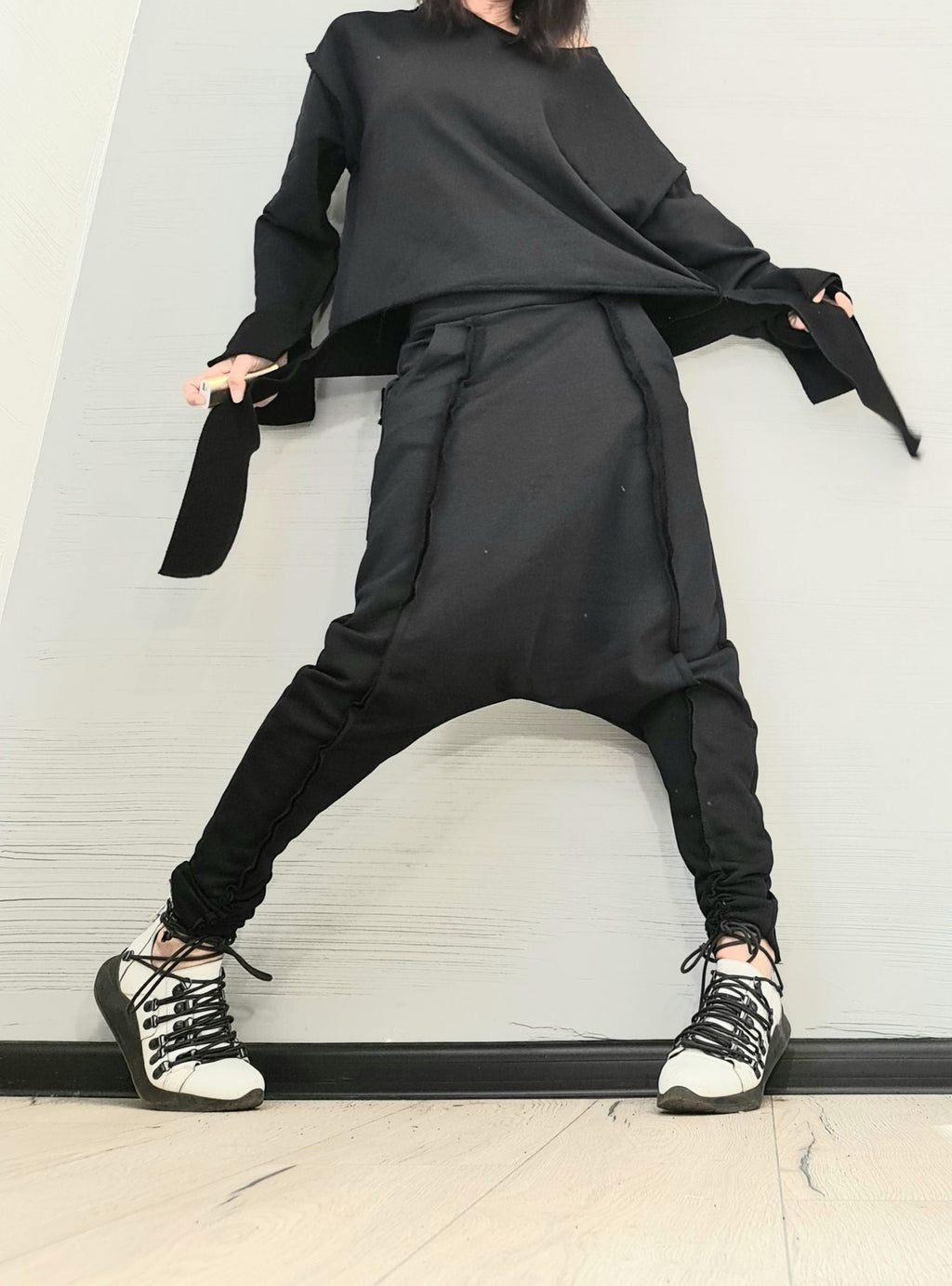 Black Cotton Drop Crotch Pants, Asymmetrical Blouse, Wide Cuffs,  Two-Piece French Terry Co-Ord Set