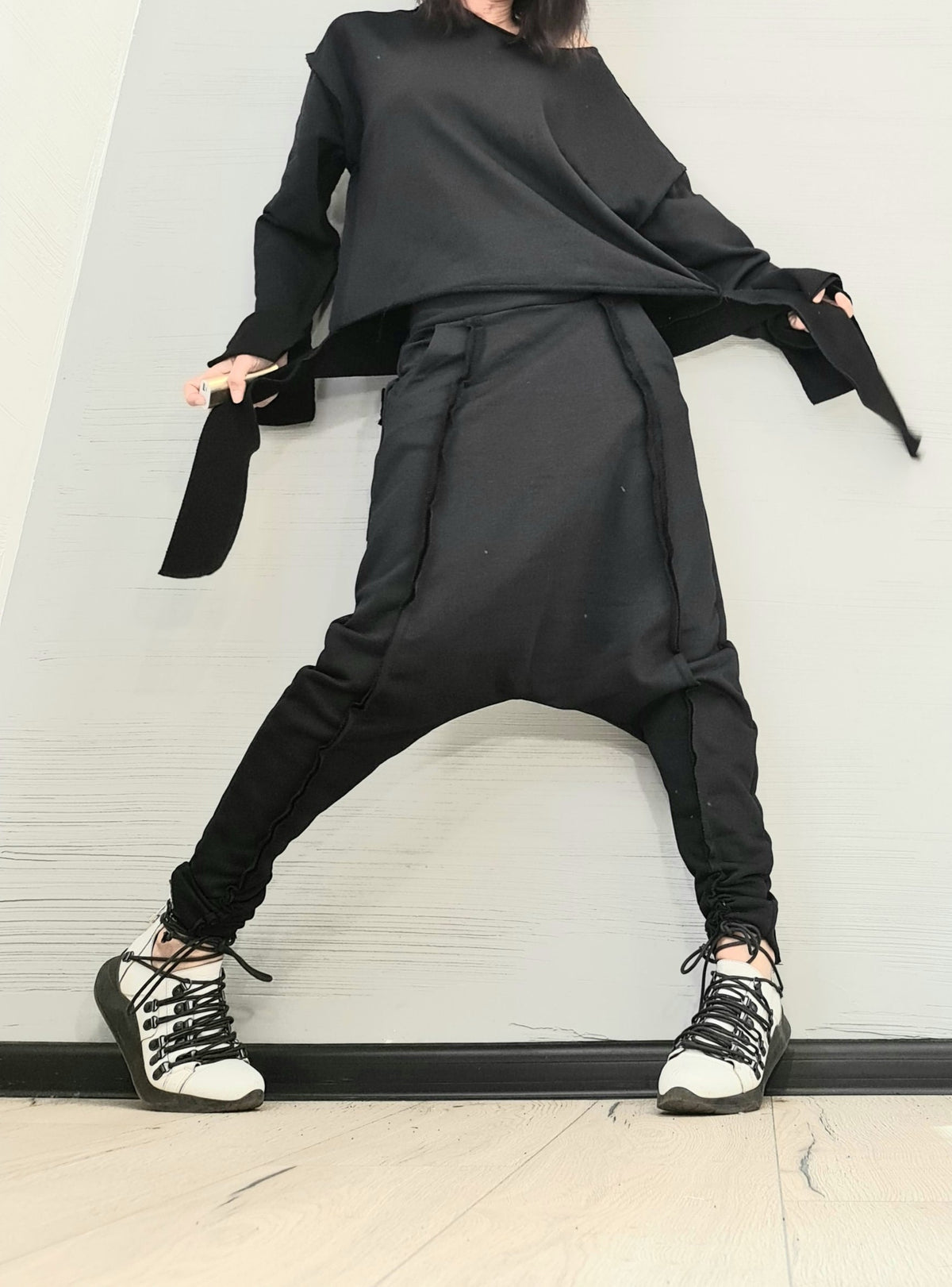 Black Cotton Drop Crotch Pants, Asymmetrical Blouse, Wide Cuffs,  Two-Piece French Terry Co-Ord Set