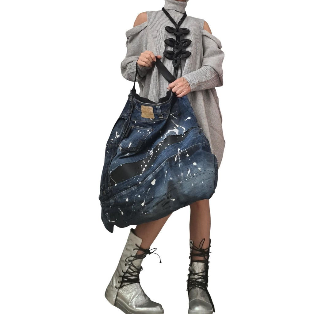 Handmade Oversized Denim Tote Bag, Painted Jeans Hobo Purse