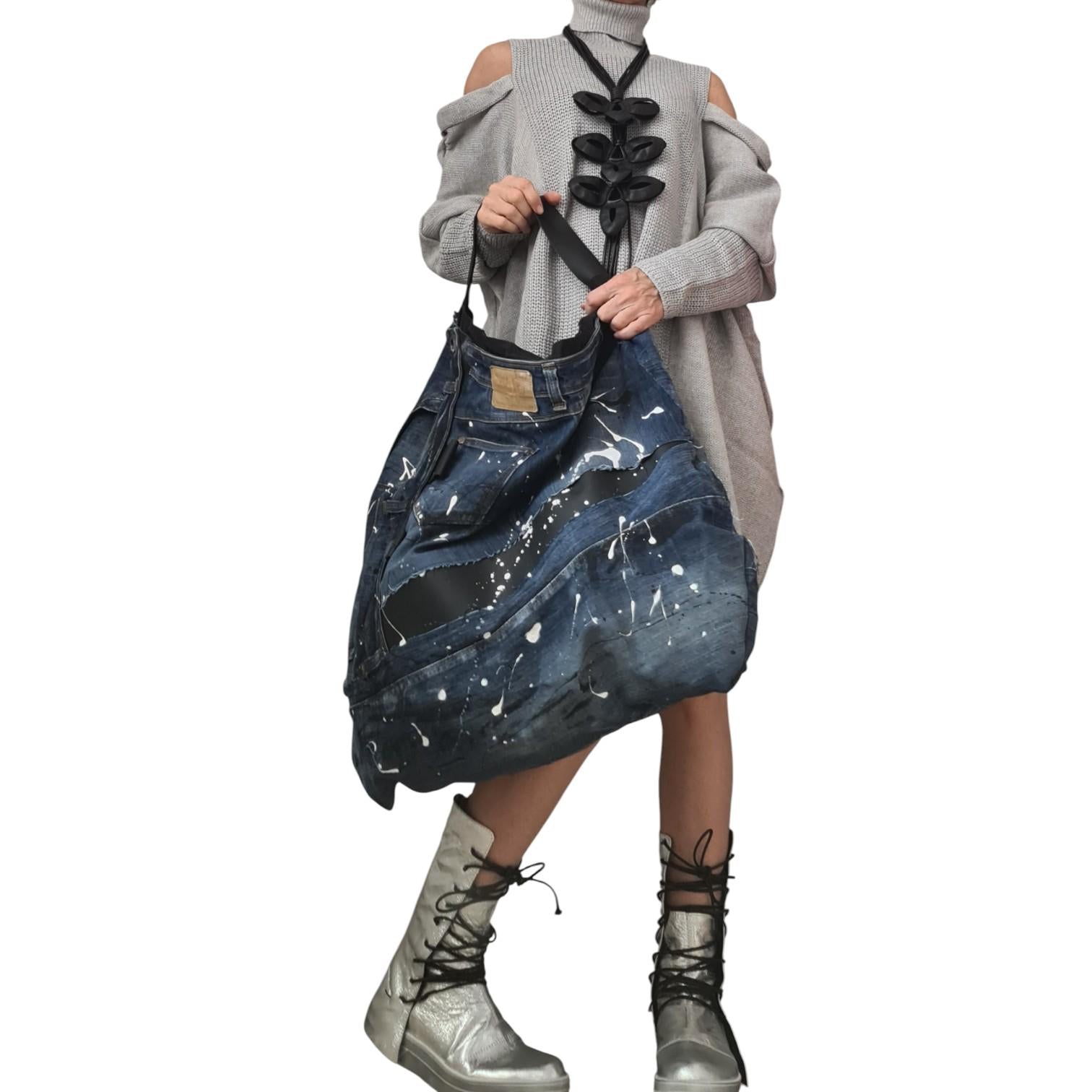 Handmade Oversized Denim Tote Bag, Painted Jeans Hobo Purse