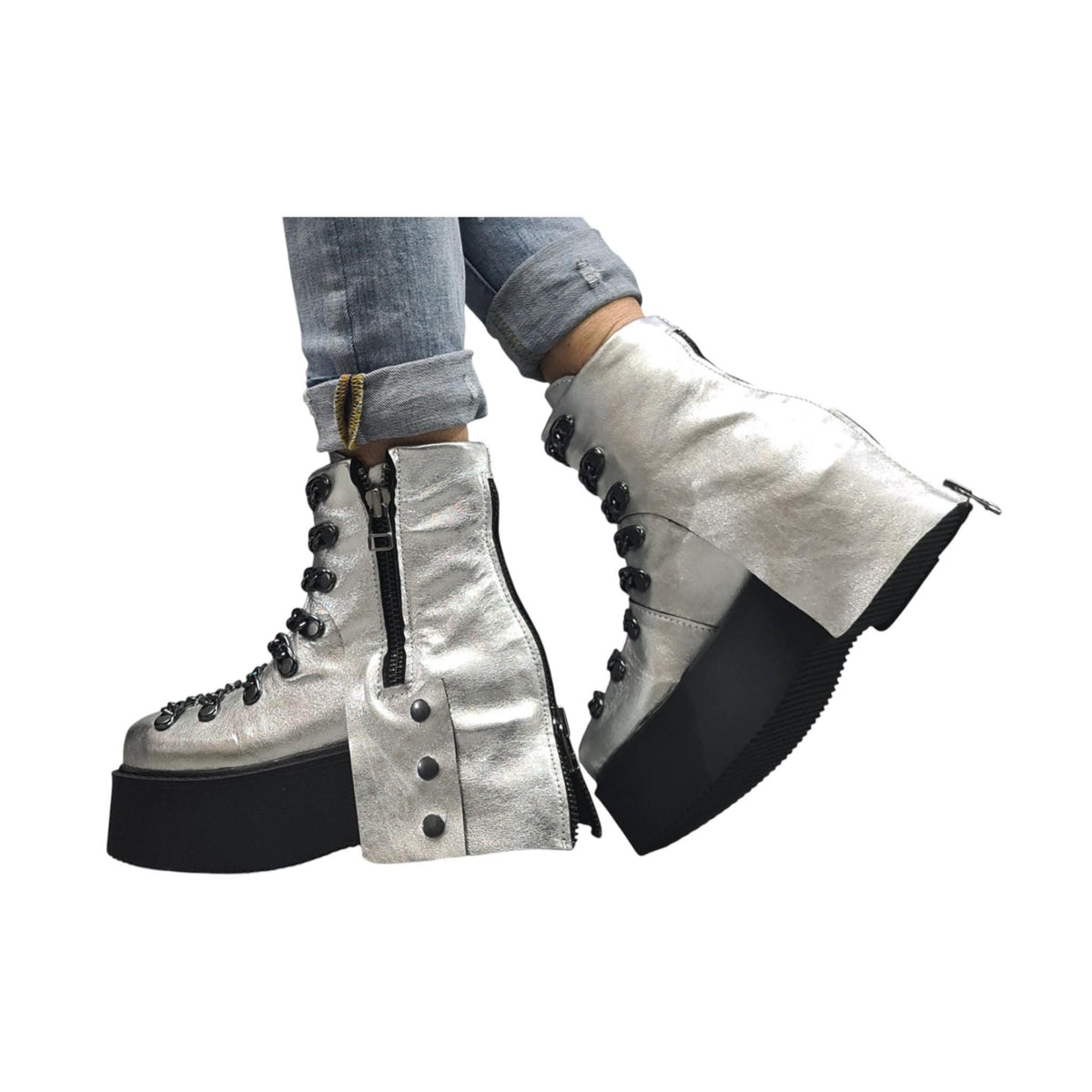 Silver Leather Platform Ankle Boots, Gothic Women Shoes with Chains, Handmade Statement Footwear