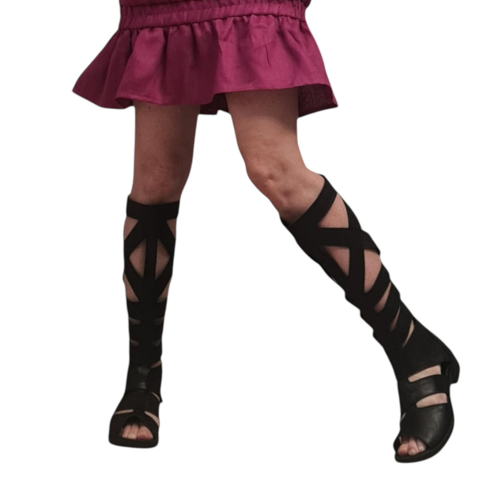 Gladiator Knee High Sandals Women, Black Leather Greek Boots, Open Toe Strappy Flat Shoes