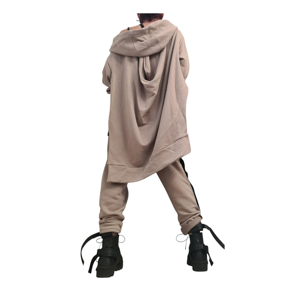 Beige Cotton Co-Ord Set, Harem Pants, Asymmetrical Long Sleeve Sweatshirt