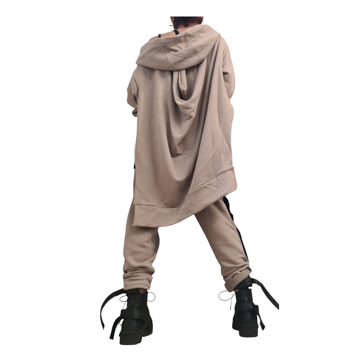 Beige Cotton Co-Ord Set, Harem Pants, Asymmetrical Long Sleeve Sweatshirt