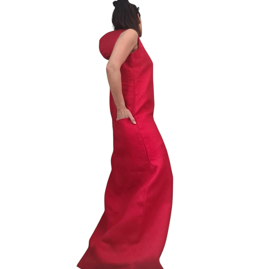 Red Linen Hooded Maxi Dress Women, Sleeveless Long Kaftan, Boho Summer Sundress