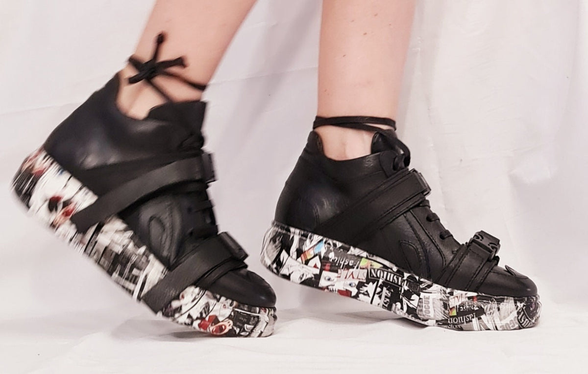 Black Leather Sneakers, Gothic Grunge Trainers, Colored Sole Women Footwear