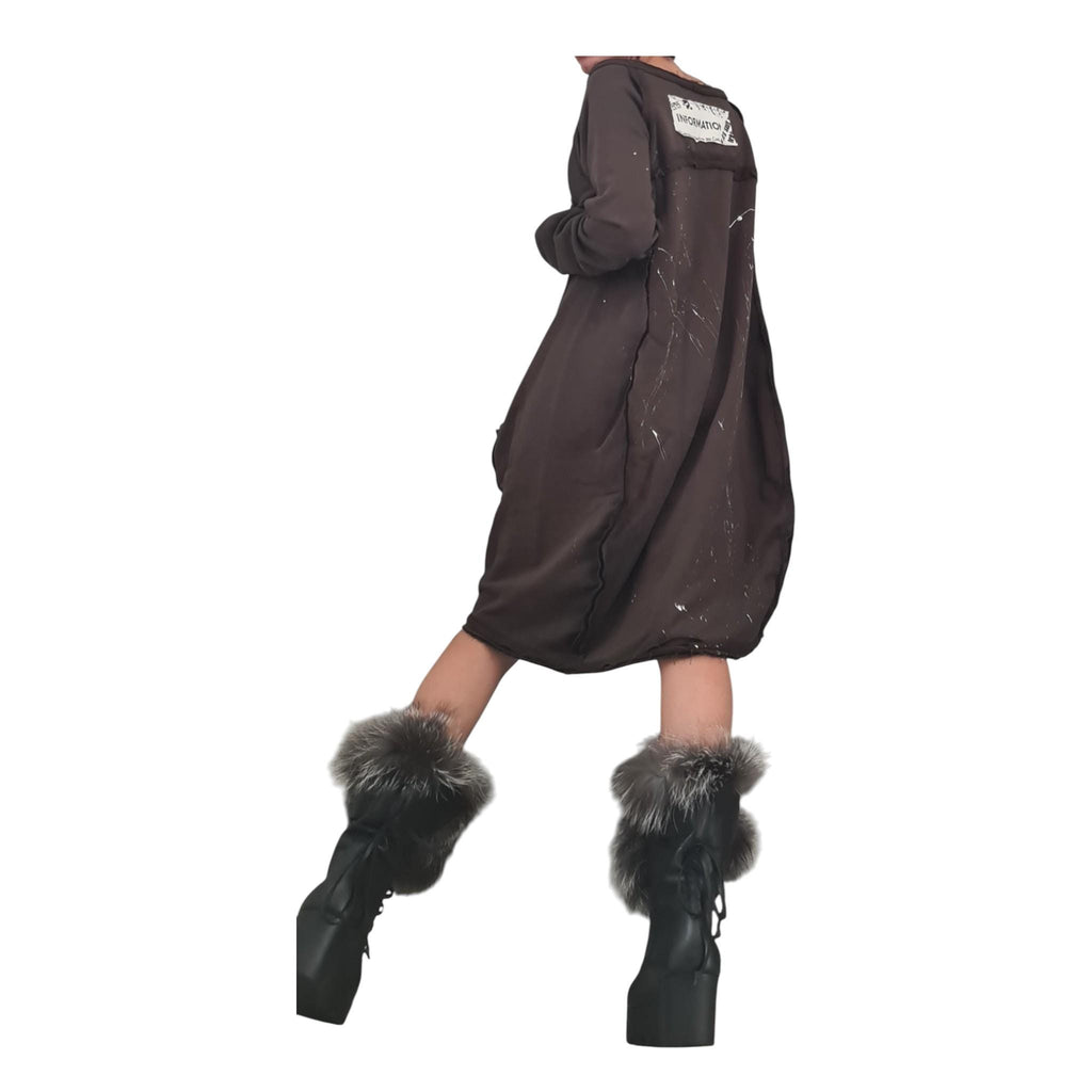 Brown French Terry Off Shoulder Dress for Women, Oversized Asymmetric Tunic, Balloon Shape
