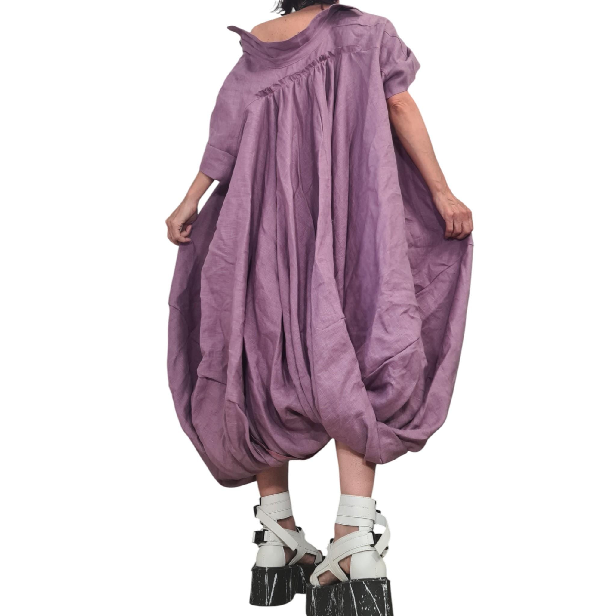 Red Oversized Linen Tunic Dress | Voluminous Mid Calf Length