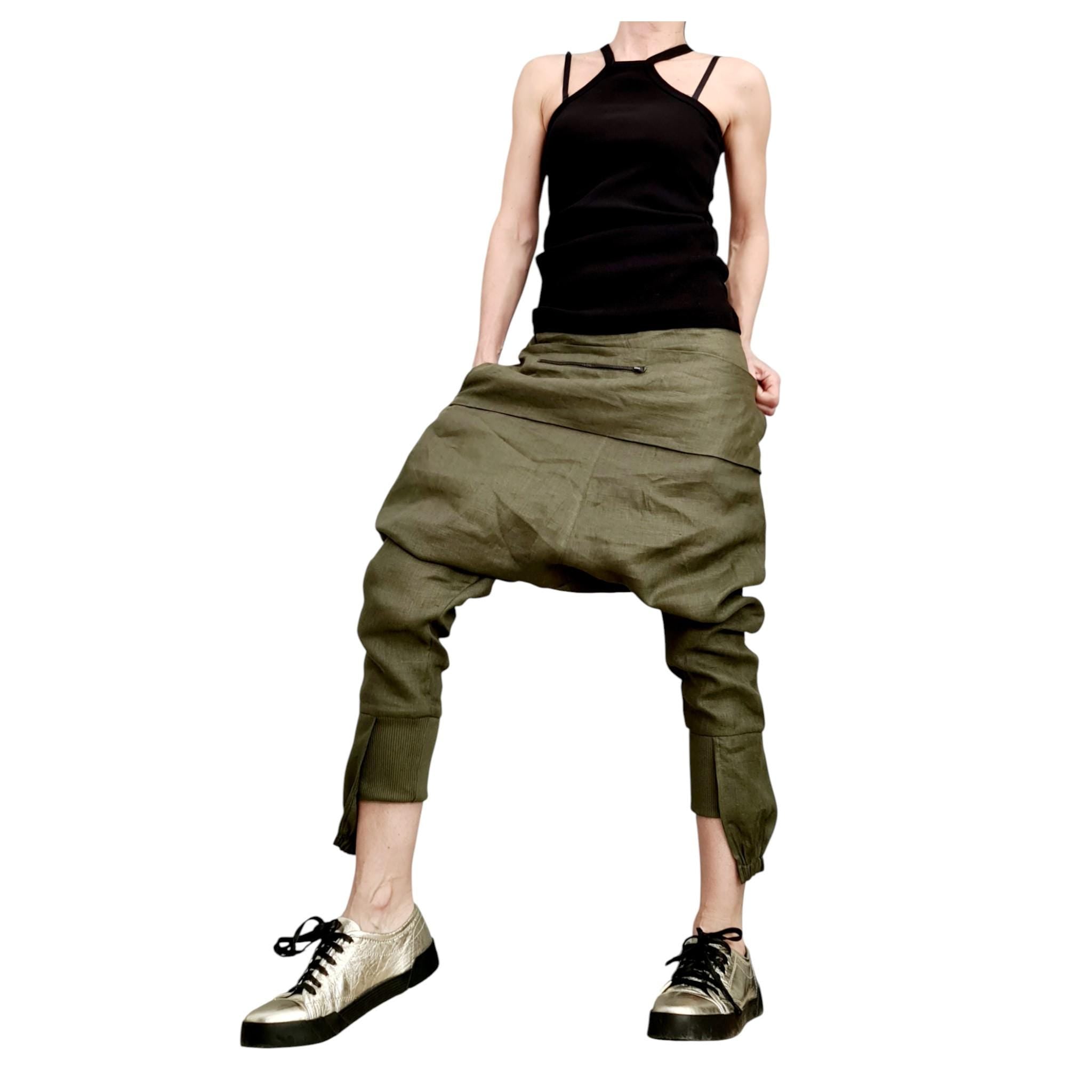Military Green Linen Pants for Women, Drop Crotch Summer Trousers, Handmade Casual Urban Outfit