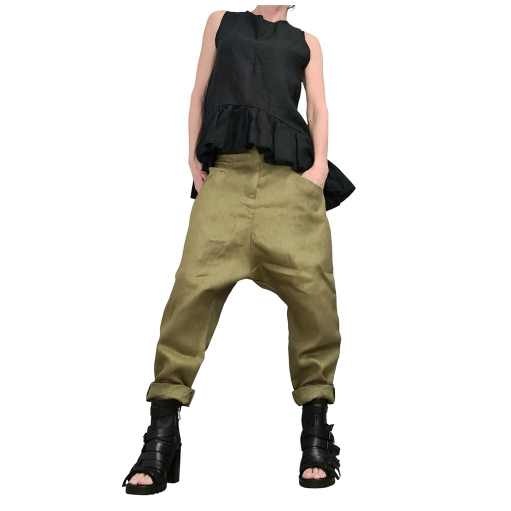 Military Green Linen Harem Pants for Women, Wide Drop Crotch Trousers, Loose Summer Pants