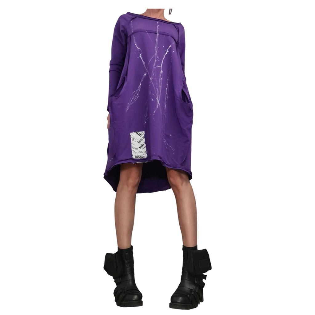 Dark Purple French Terry One Shoulder Dress for Women, Oversized Asymmetric Sweatshirt Dress