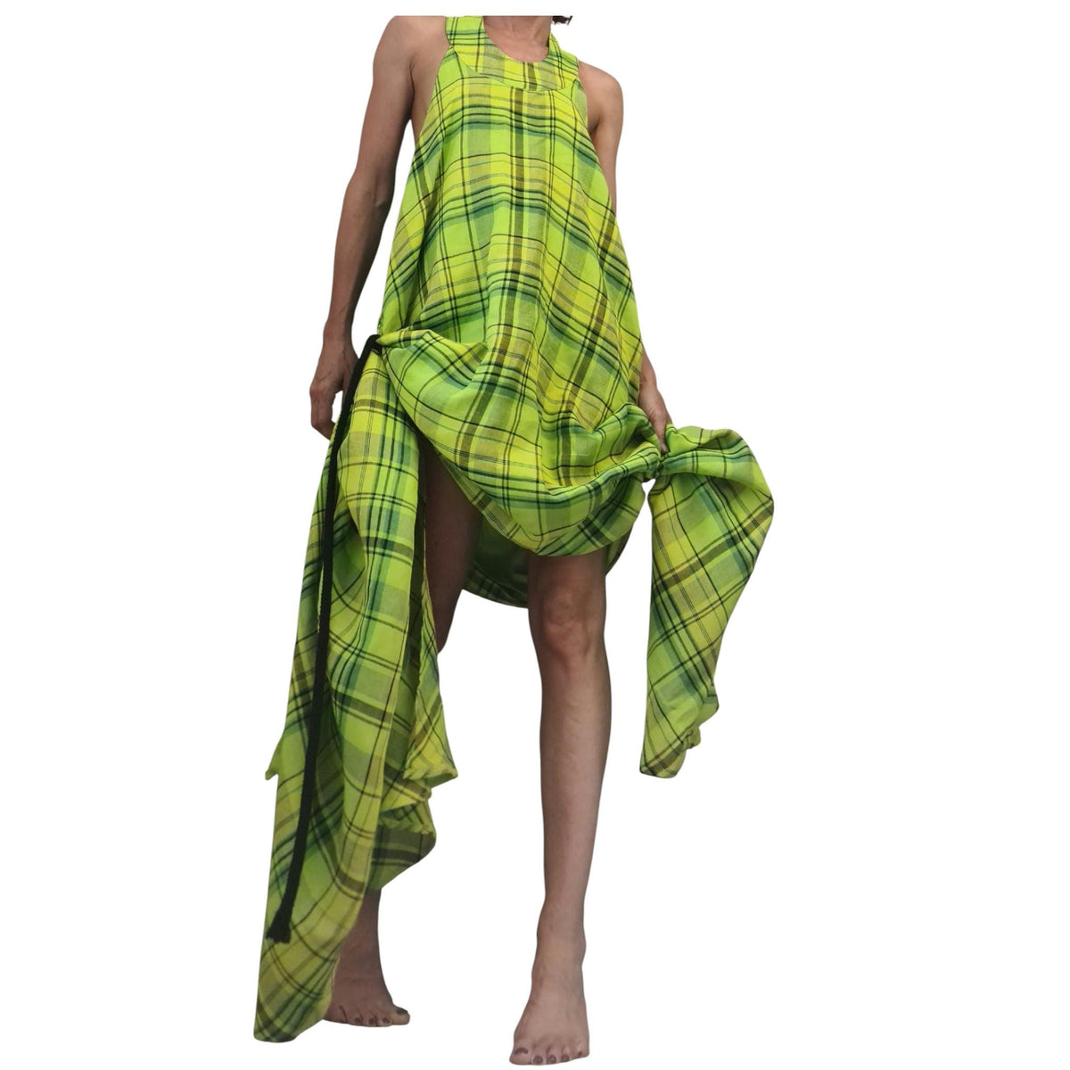 Lime Plaid Linen Maxi Dress for Women, Sleeveless Asymmetric Kaftan, Open Back Dress