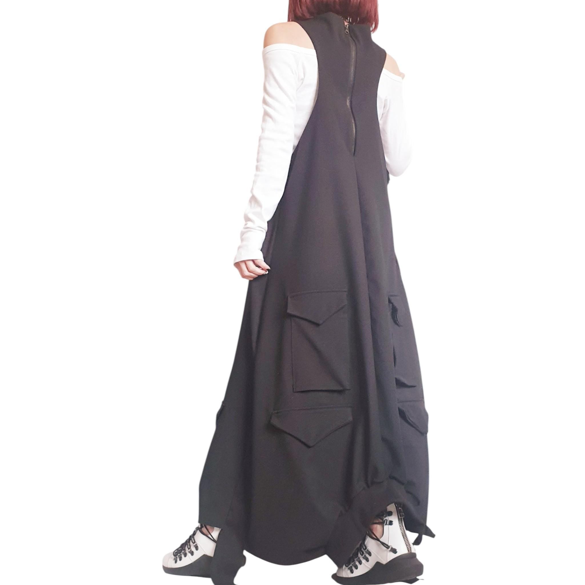 Black Gothic Dress, Asymmetric Cargo Design, Plus Size Kaftan, Avant Garde Dress for Women