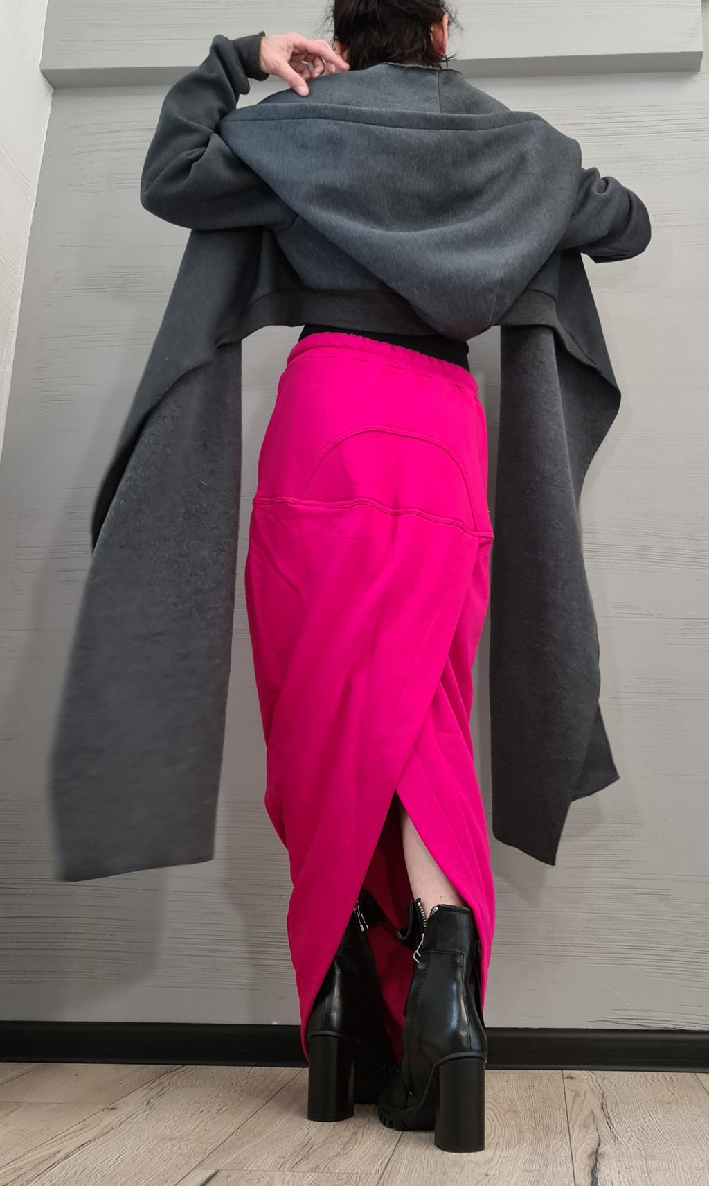 Grey Cotton Hooded Cardigan, Long Asymmetric Wrap Jacket, Cropped Back