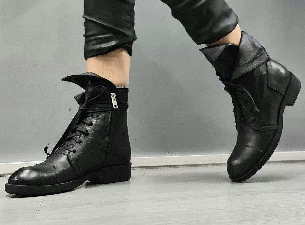 Black Asymmetric Leather Boots, Gothic Steampunk Ankle Shoes, Handmade Footwear