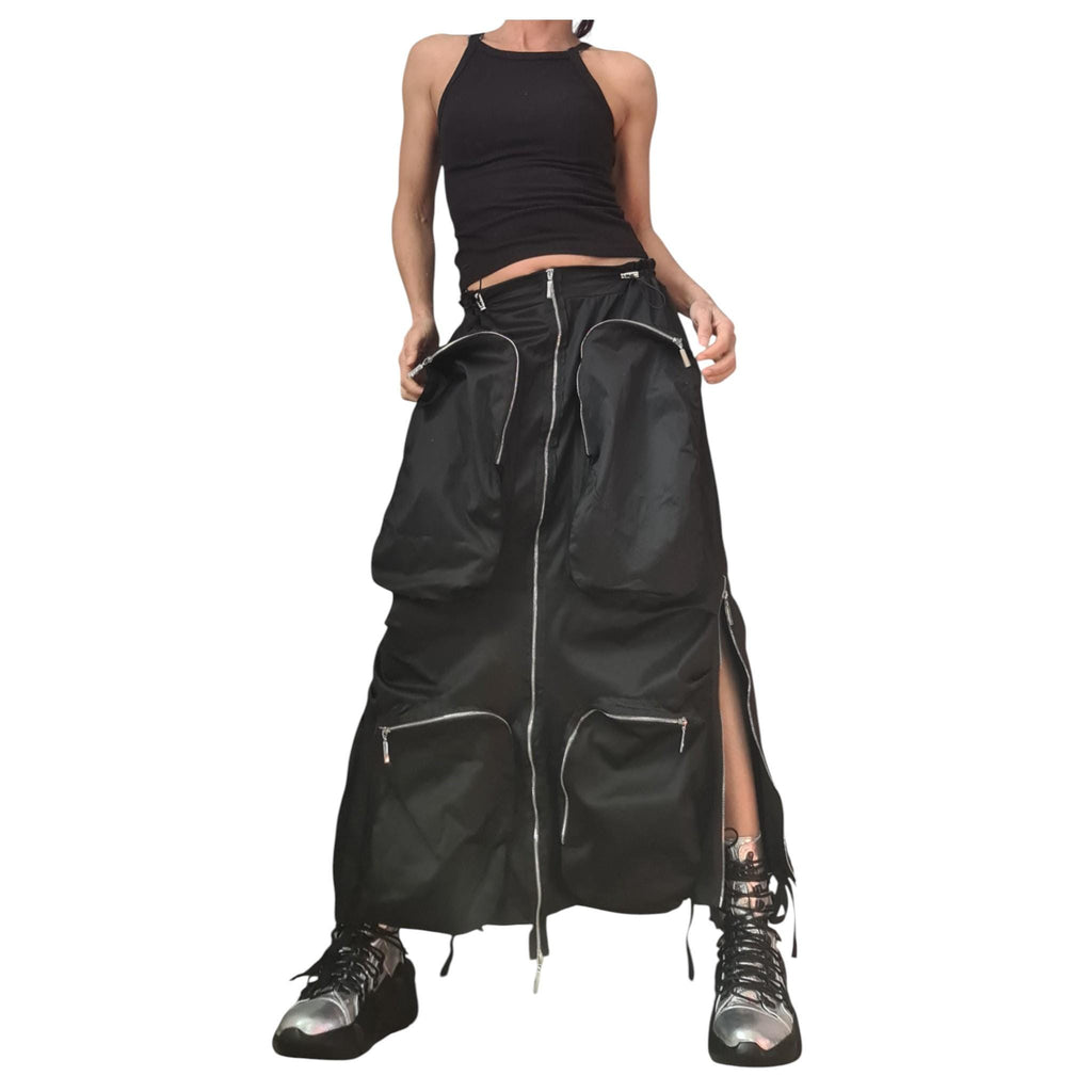 Black Cotton Satin Long Skirt | Deconstructed Cargo Pockets | Gothic Avant Garde Style