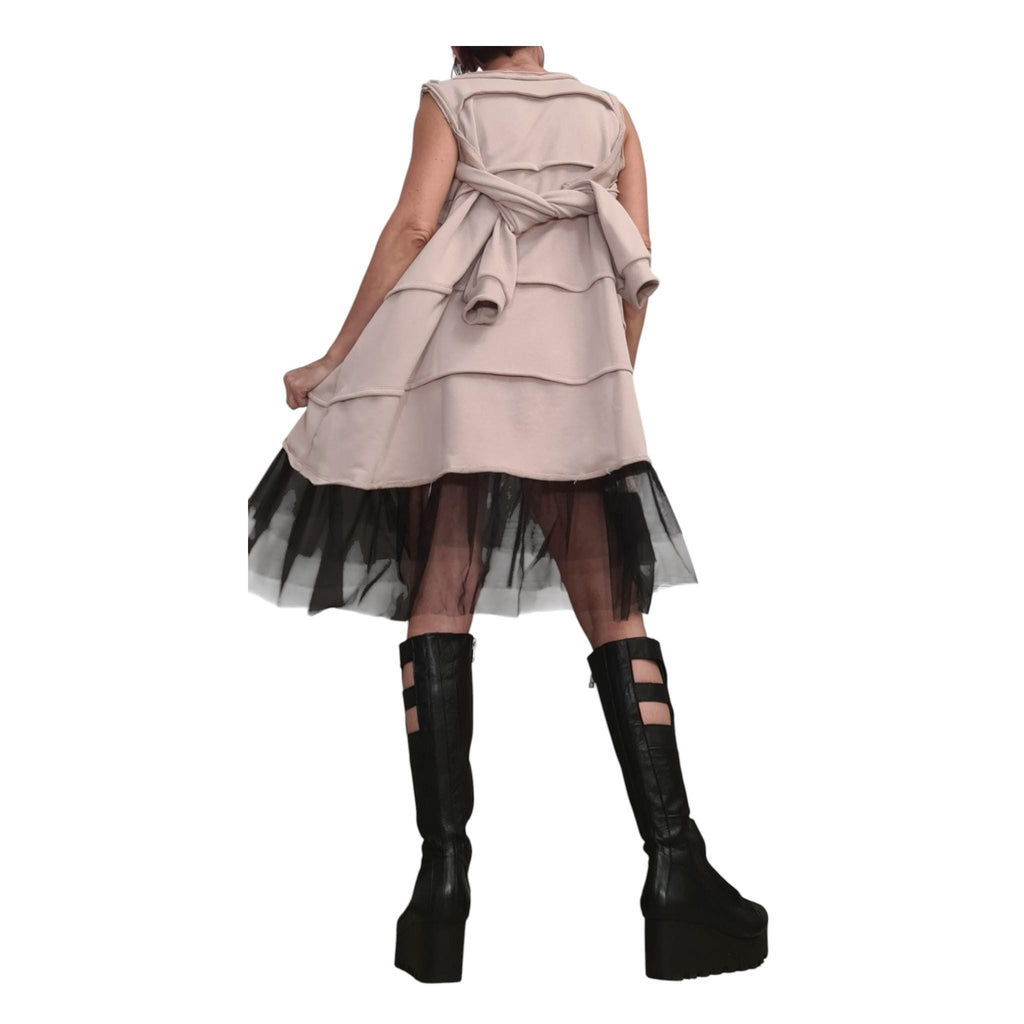 Beige Off Shoulder Dress: Asymmetrical Tulle Hem, Removable Sleeves
