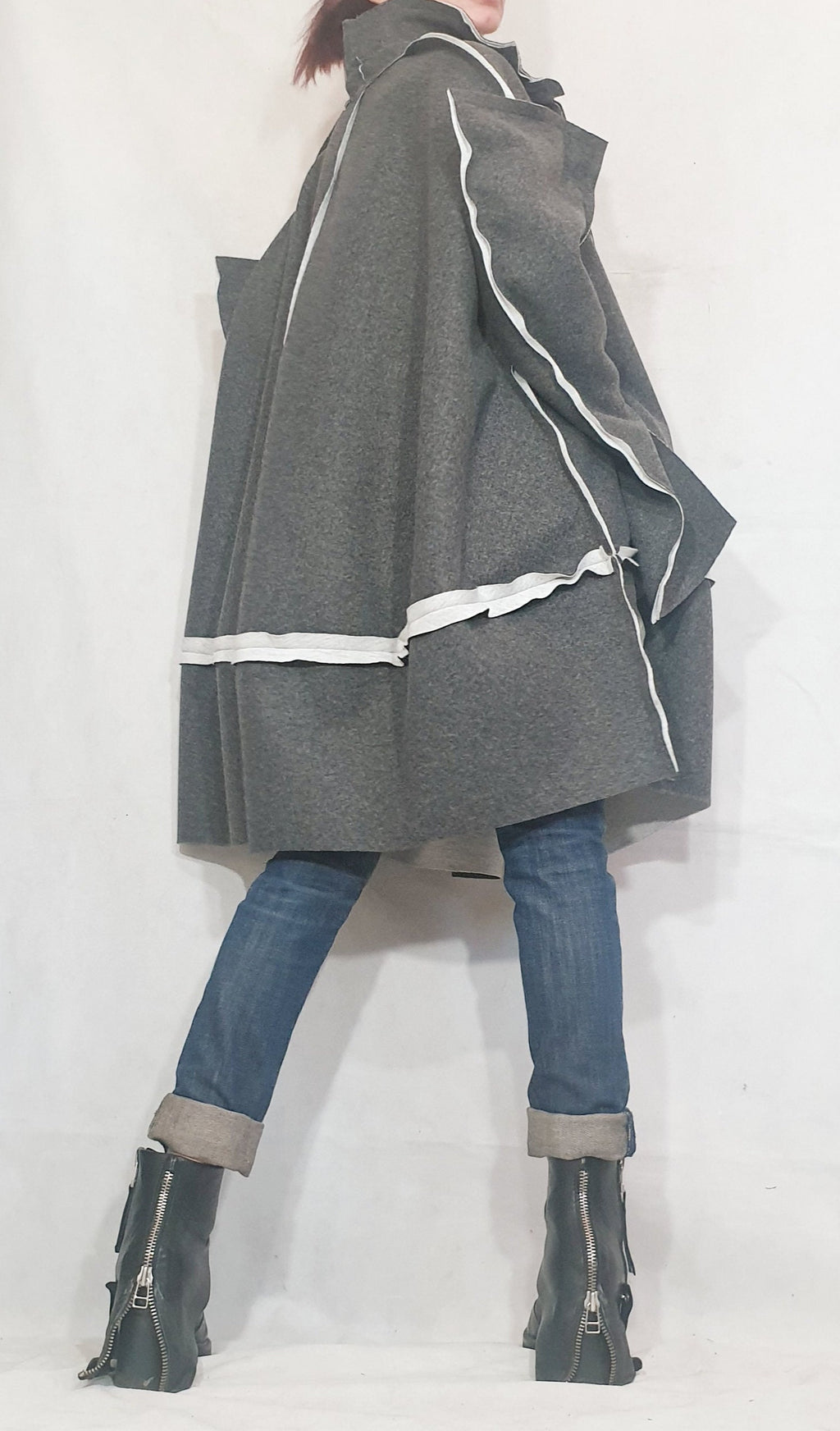 Grey Oversized Cape Coat, Asymmetric Hem, Wide Sleeves, Button Front, Contrast Trim, Plus Size