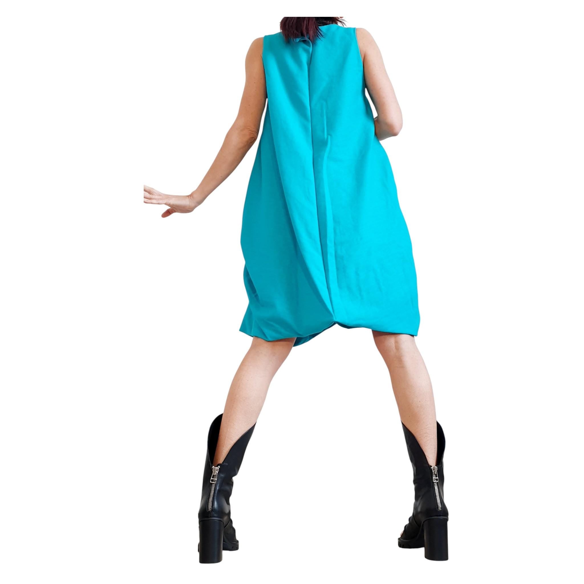Turquoise Linen Dress for Women, Sleeveless Asymmetric Loose Fit, Avant Garde Handmade Clothing