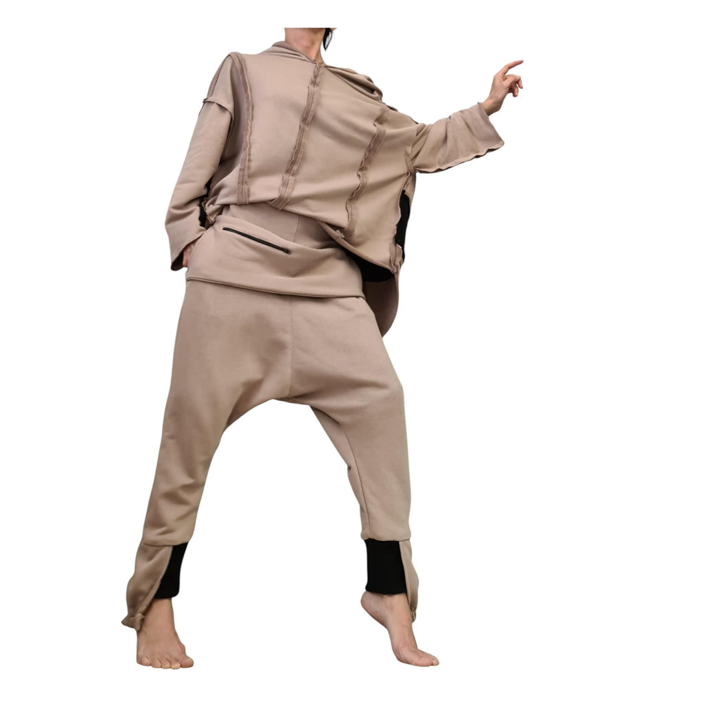 Grey Black Cotton Drop Crotch Harem Pants, Oversized Hooded Top, Plus SizeCo-Ord Set
