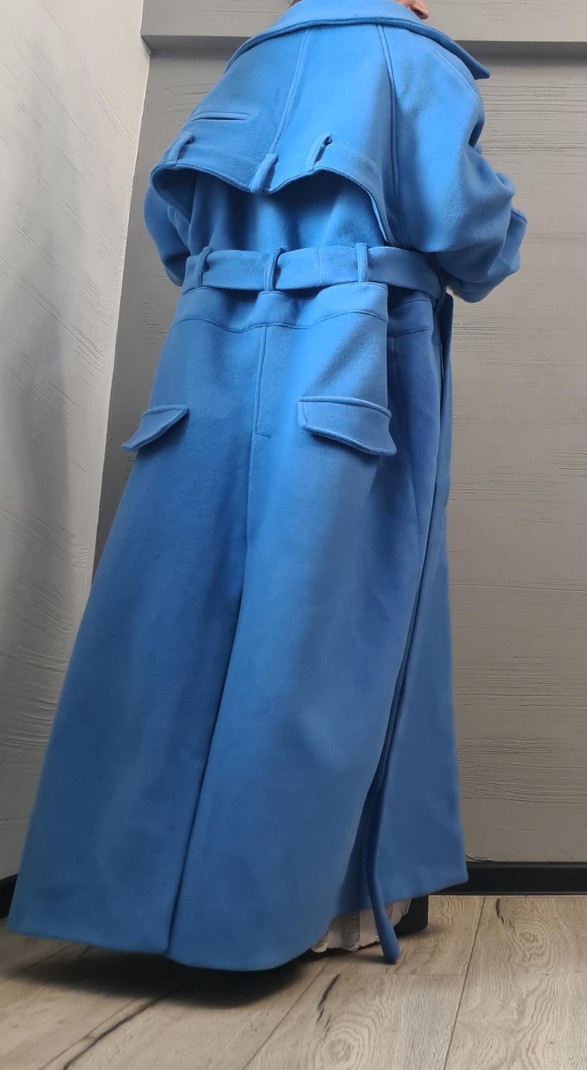 Blue Oversized Maxi Coat, Structured Shoulder Long Jacket, Belted Winter Trench