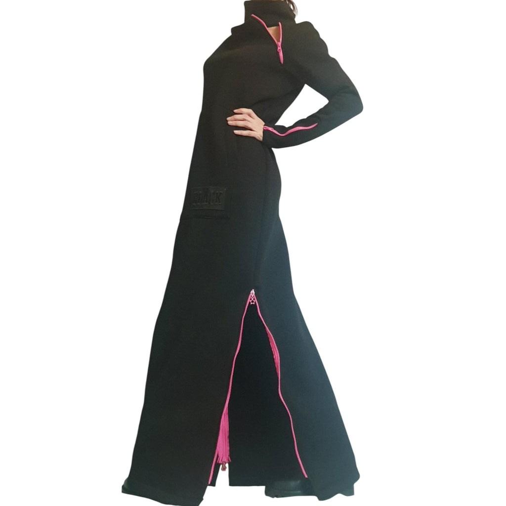 Black Maxi Dress Long Sleeve, Pink Zipper, Handmade Dress for Woman, Plus Size