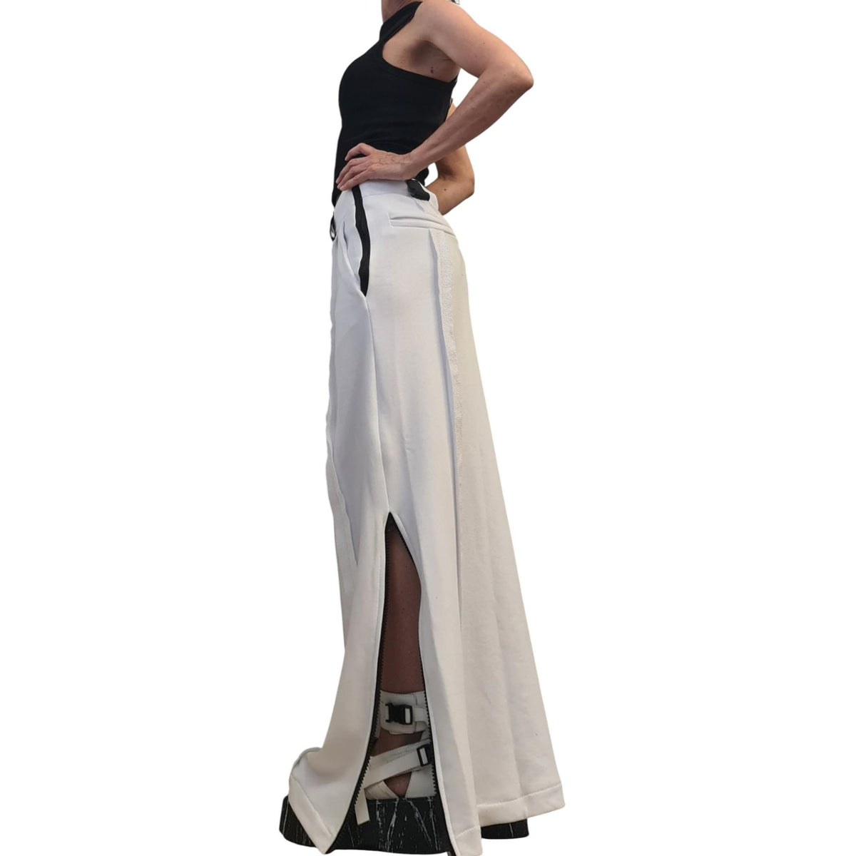 White Maxi Cotton Skirt for Women, Outer Seam, Black Ziperr Detail