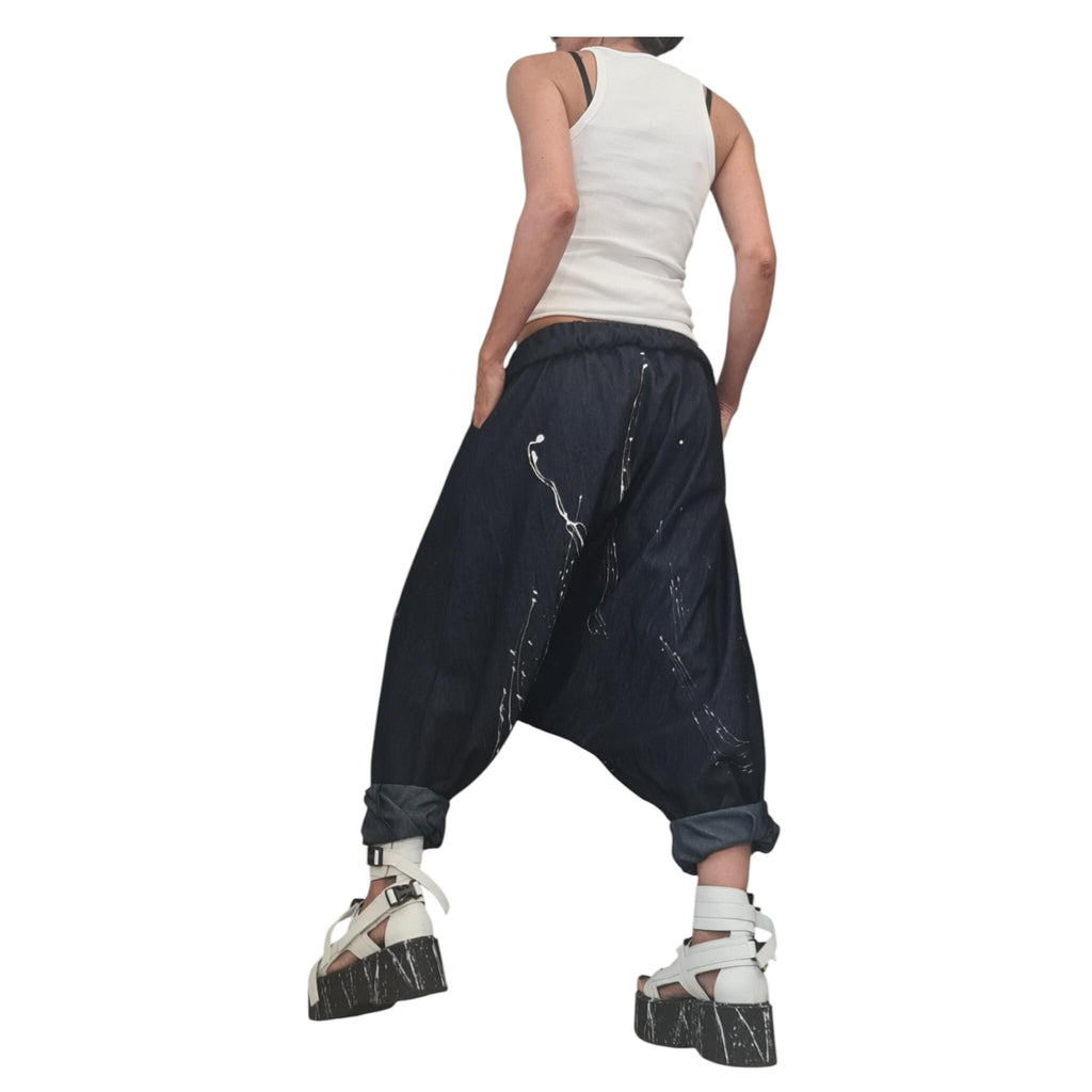 Extravagant Denim Harem Trousers, Avant Garde Deep Drop Crotch Pants for Women