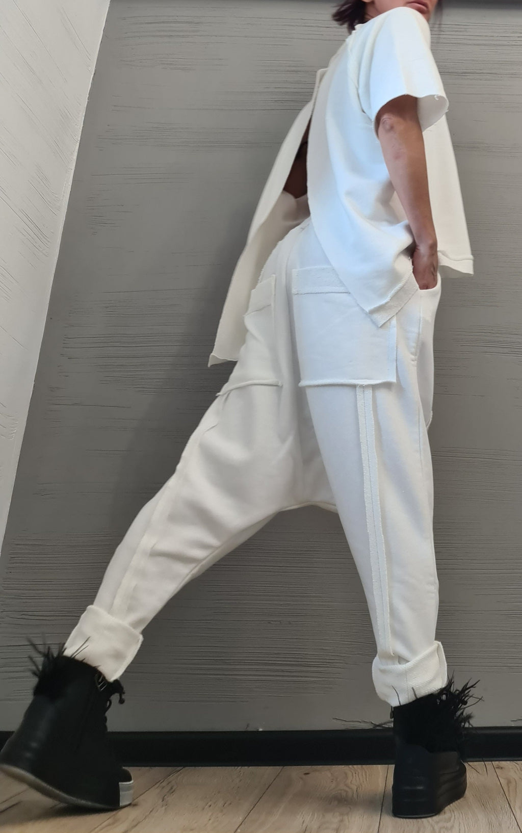 White Cotton Drop Crotch Harem Pants, Asymmetrical Open Back Blouse, Two Piece Co-Ord Set
