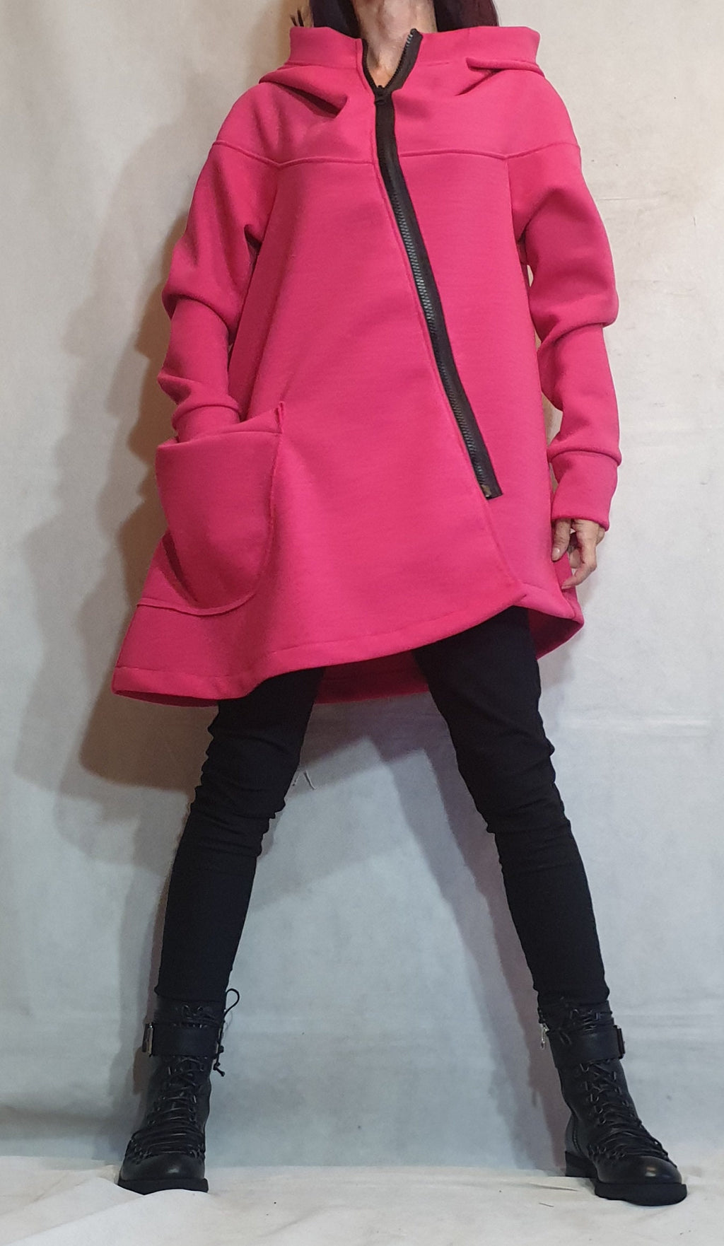 Hot Pink Asymmetric Cotton Hoodie, Diagonal Zip, Oversized Hood and Patch Pocket, Plus Size