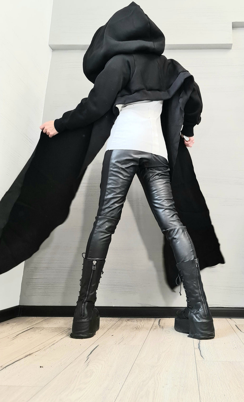 Black Cotton Hooded Sweatshirt, Cropped Back, Long Asymmetrical Draped Panels