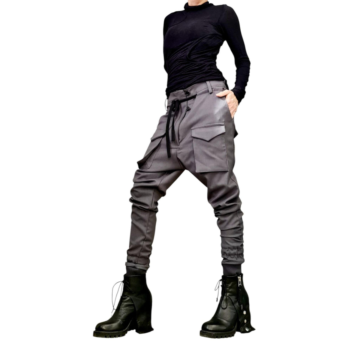 Gray Cargo Pants, Drop Crotch Trousers, Tapered Leg