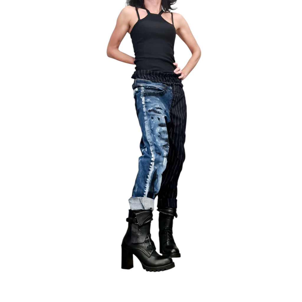 Asymmetric Denim Harem Pants, Painted, Deconstructed Streetwear, Extravagant Denim trousers, Women’s clothing