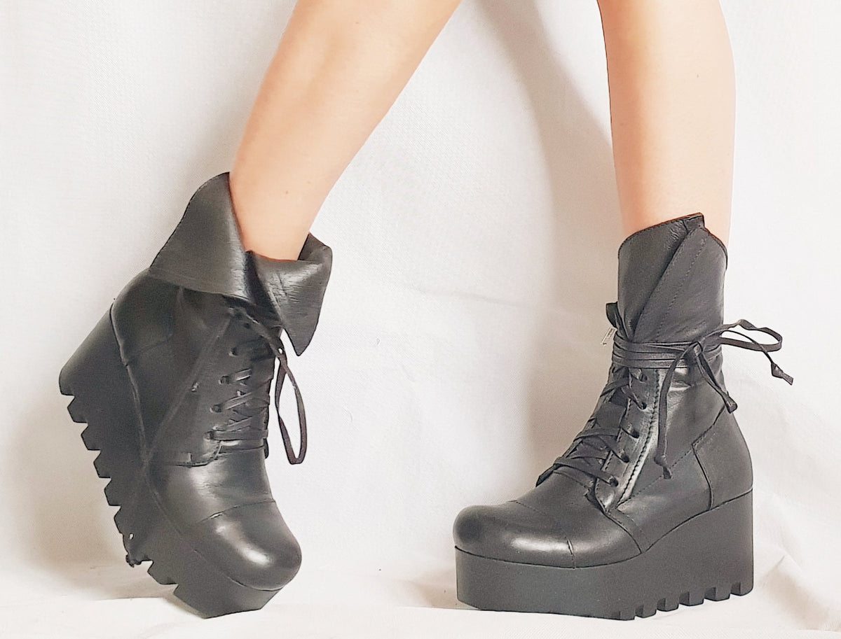 Black Platform Boots, Gothic Combat Booties, Steampunk Winter Ankle Shoes
