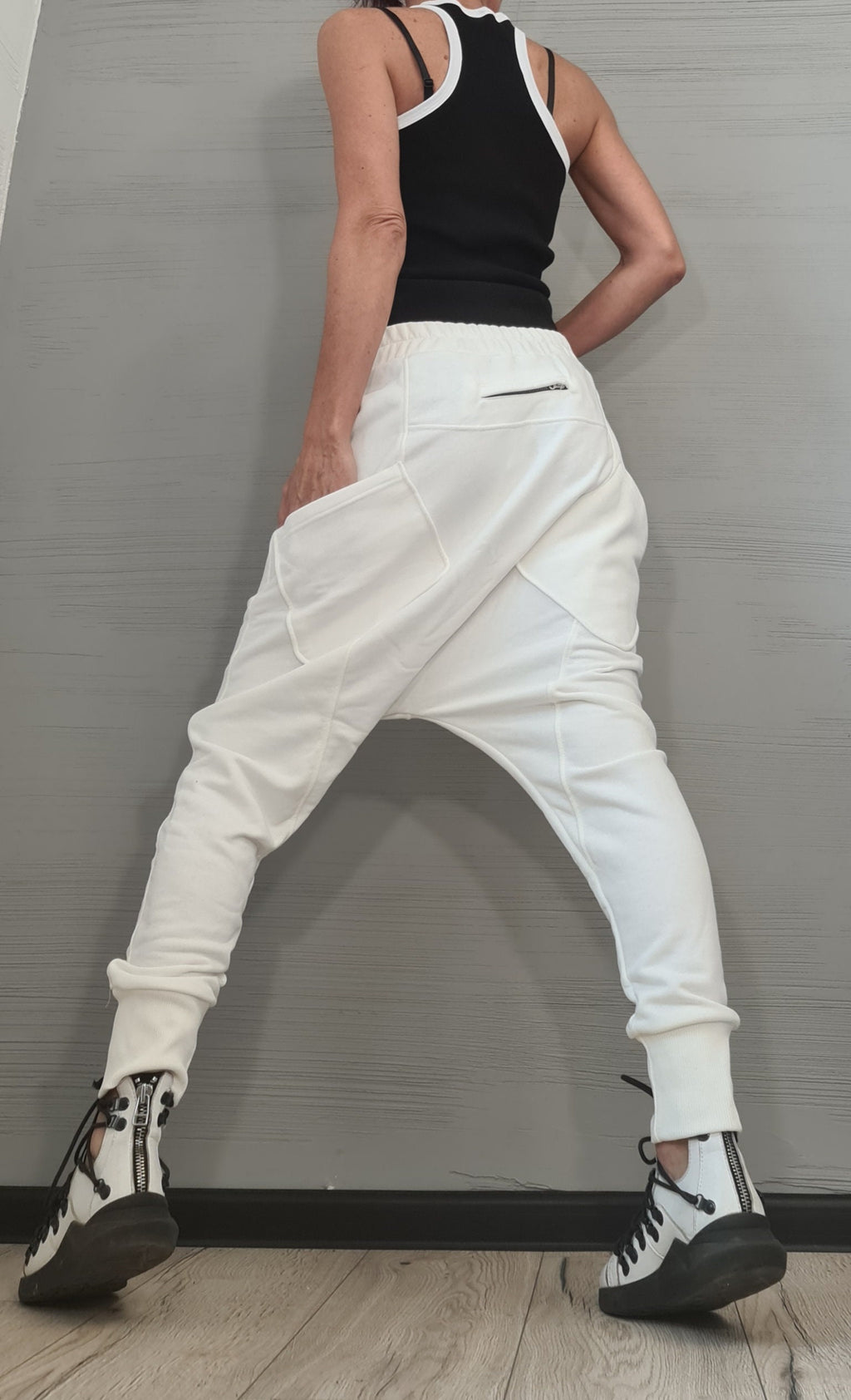 White French Terry Harem Pants, Tapered Trousers