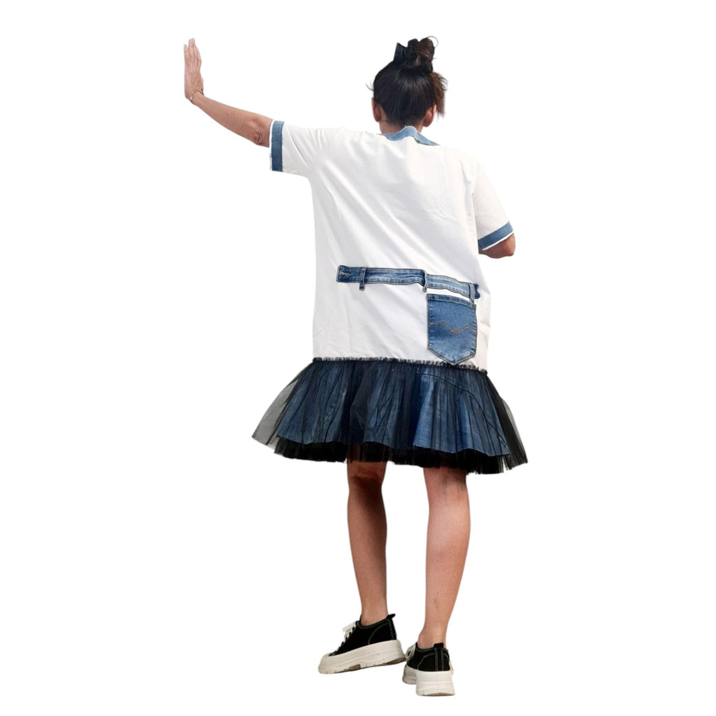 Oversized Cotton Tunic Dress, Denim Elements, Layered Tulle Skirt, Streetwear Style