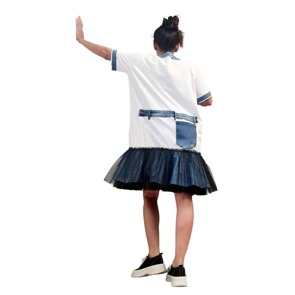 Oversized Cotton Tunic Dress, Denim Elements, Layered Tulle Skirt, Streetwear Style