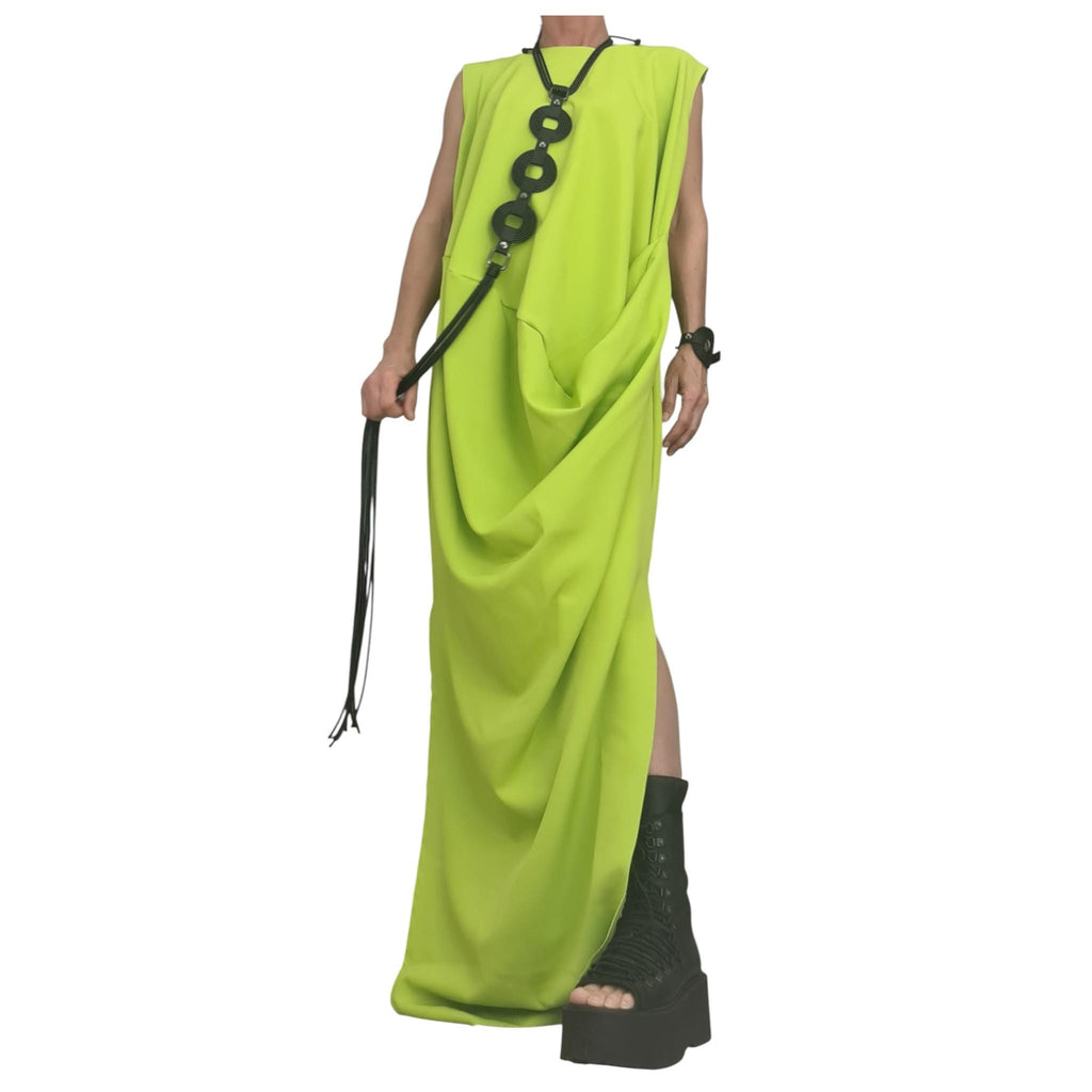 Lime Green Asymmetric Maxi Dress, Avant Garde Loose Drape Style