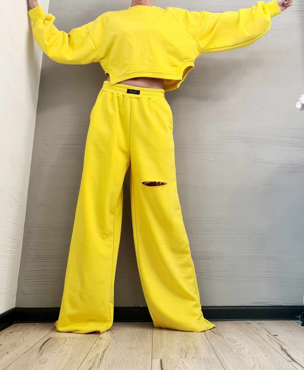 Lavender Cotton Wide Leg Pants, Knee Cutout,  Cropped Sweatshirt, Two-Piece Co-Ord Set