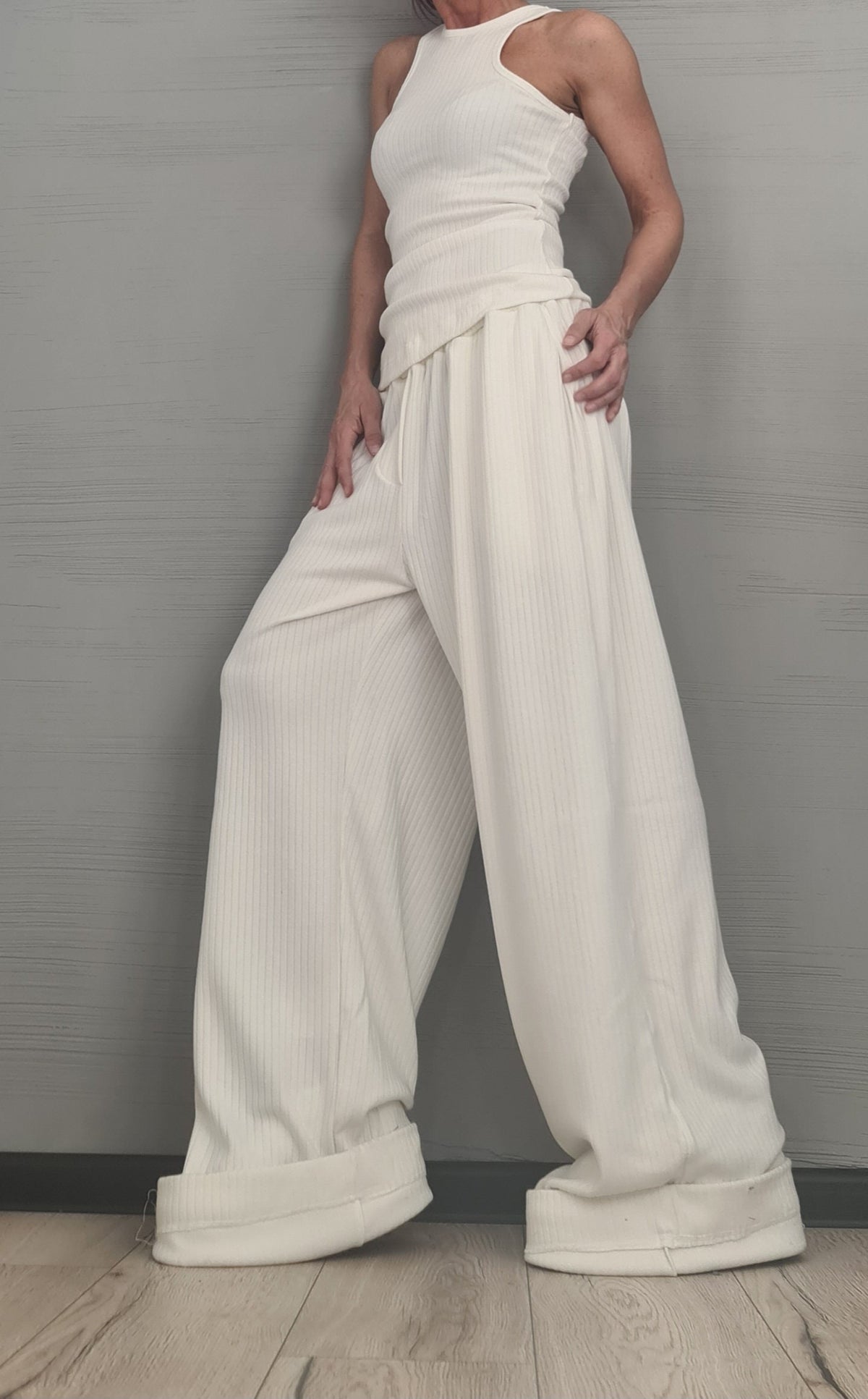 Ivory Cotton Wide Leg Pants, Sleeveless Top, Deconstructed Shirt, Three-Piece Co-Ord Set, Plus Size