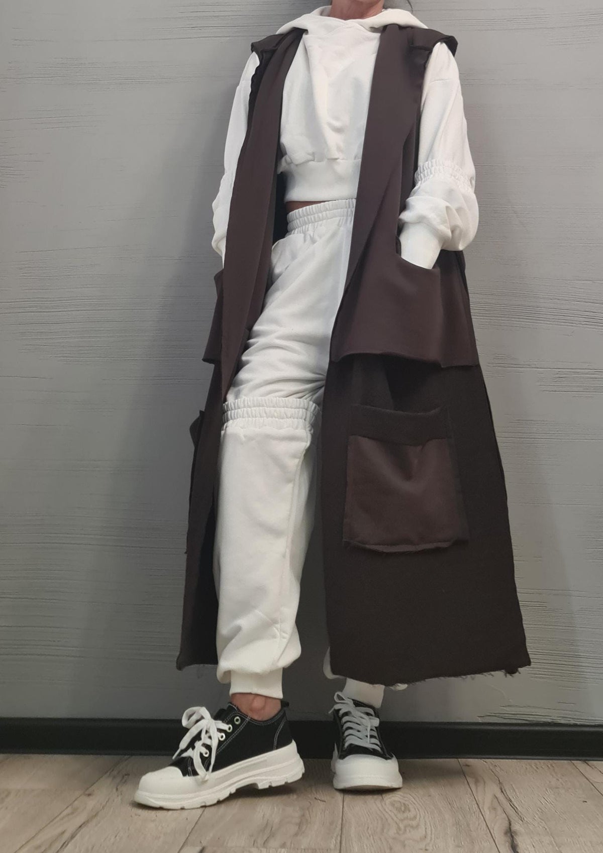 Brown Asymmetric Cotton Vest, Short Back and Long Front, Oversized Patch Pockets, Plus Size