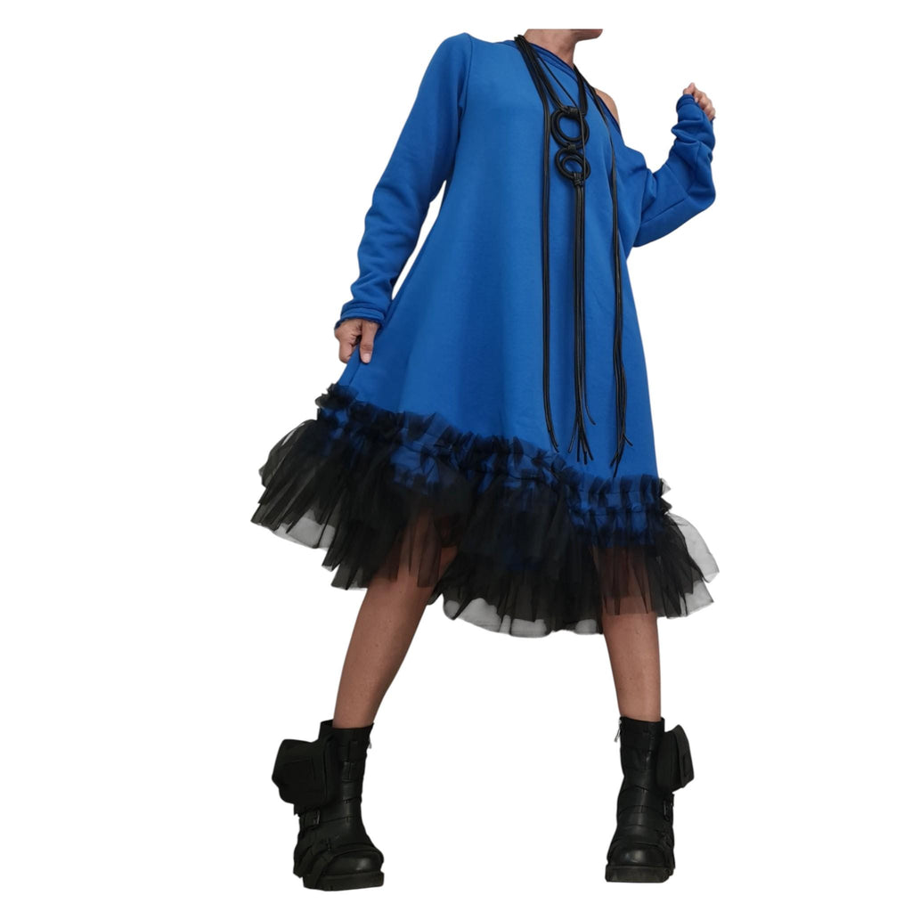 Royal Blue Off Shoulder Dress - Black Tulle Hem, Loose Fit