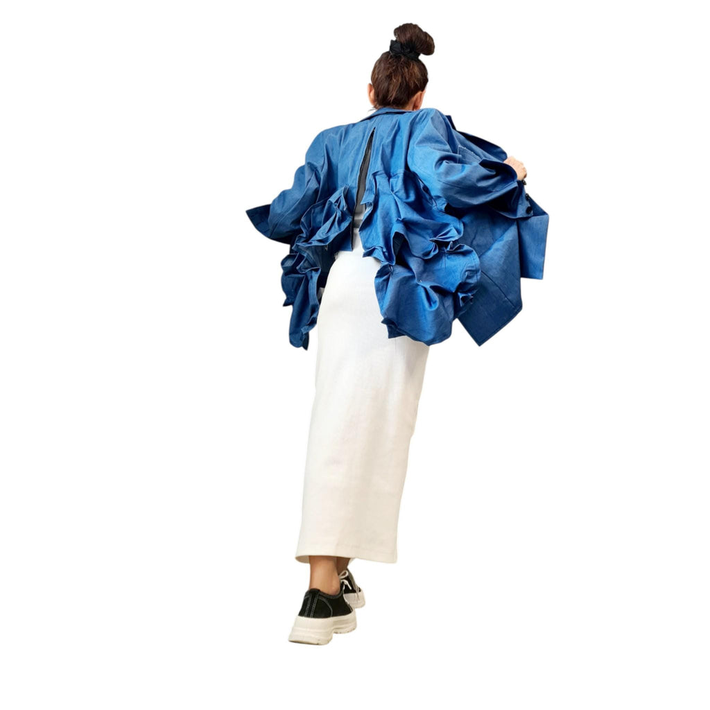 Asymmetric Ruffled Denim Jacket | Avant Garde Oversized Artistic Sculptural Outerwear | DDP USA