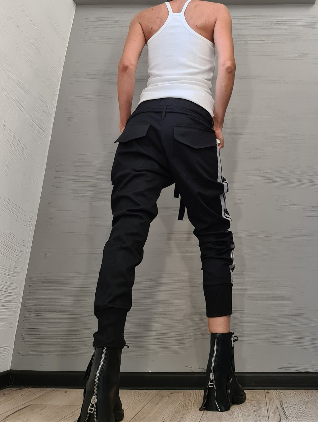 Black Cotton Drop Crotch Pants, Tapered Leg, Slim Fit