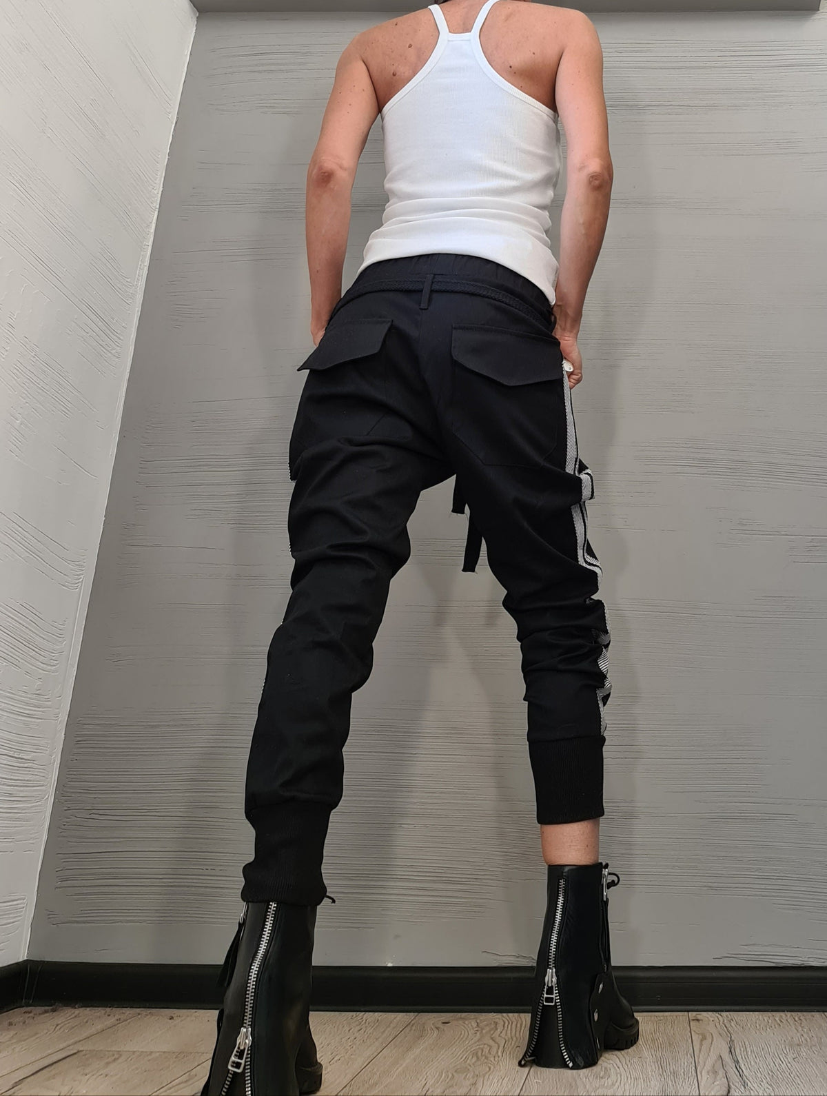 Black Cotton Drop Crotch Pants, Tapered Leg, Slim Fit