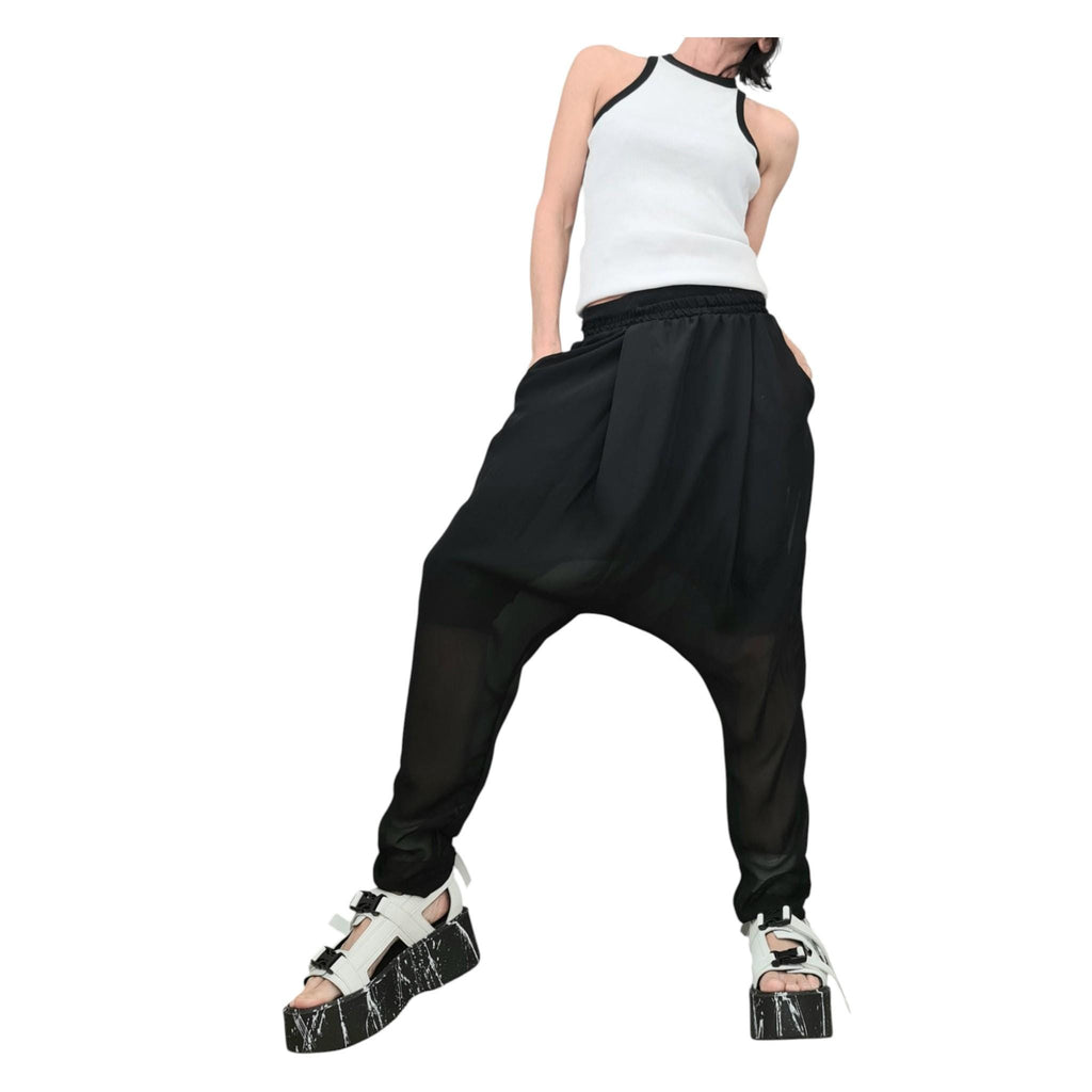 Black Chiffon Harem Pants, Sheer Overlay, French Terry Inner Shorts, Tapered Leg